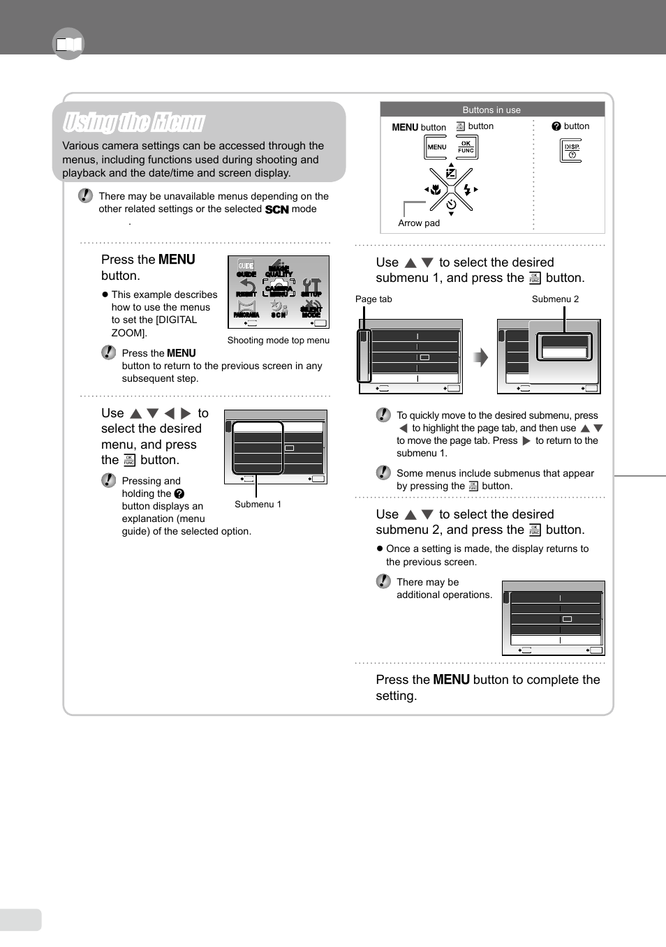Using the menu, Three types of setting operations, Press the  button | Press the  button to complete the setting | Olympus µ 1040 User Manual | Page 3 / 63
