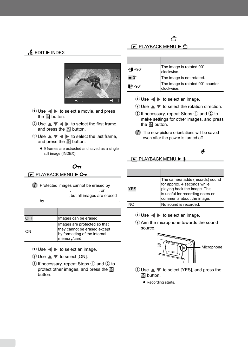 Creating an index of 9 frames from a movie, Protecting images, Rotating images | Adding sound to still images, 0 en, Creating an index of 9 frames from a movie [index, Protecting images [ 0, Rotating images [ y, Adding sound to still images [ r | Olympus µ 1040 User Manual | Page 30 / 63