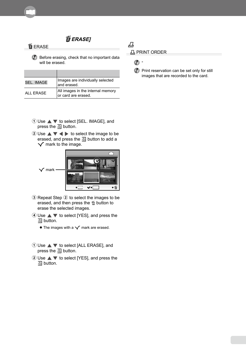Erasing images, Saving print settings to the image data, 1 en | Erasing images [ d  erase | Olympus µ 1040 User Manual | Page 31 / 63