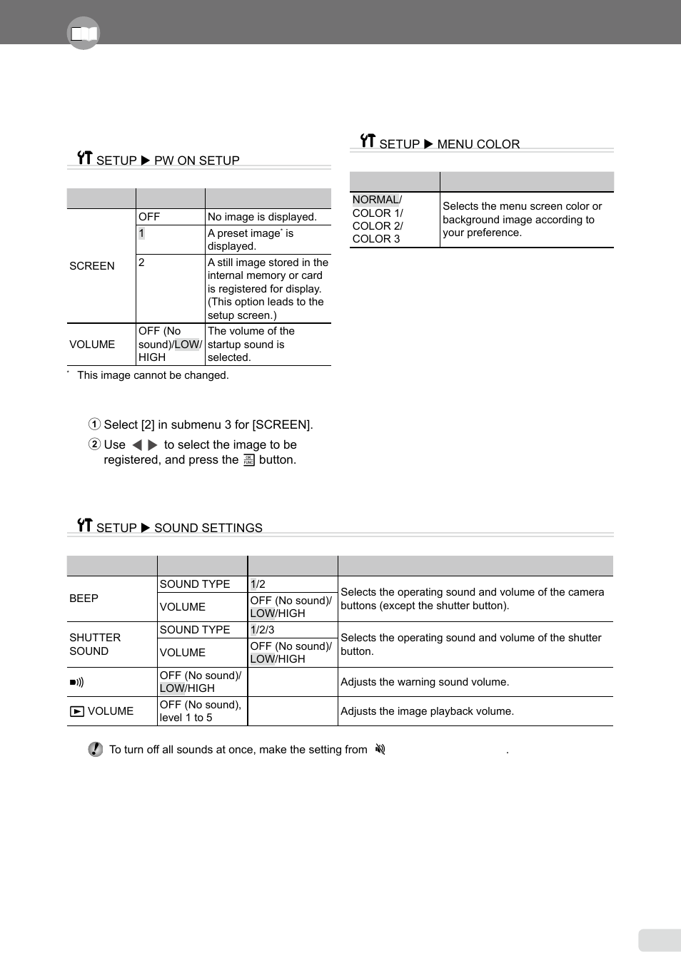 Selecting the menu screen color and background, Selecting the camera sound and its volume | Olympus µ 1040 User Manual | Page 33 / 63