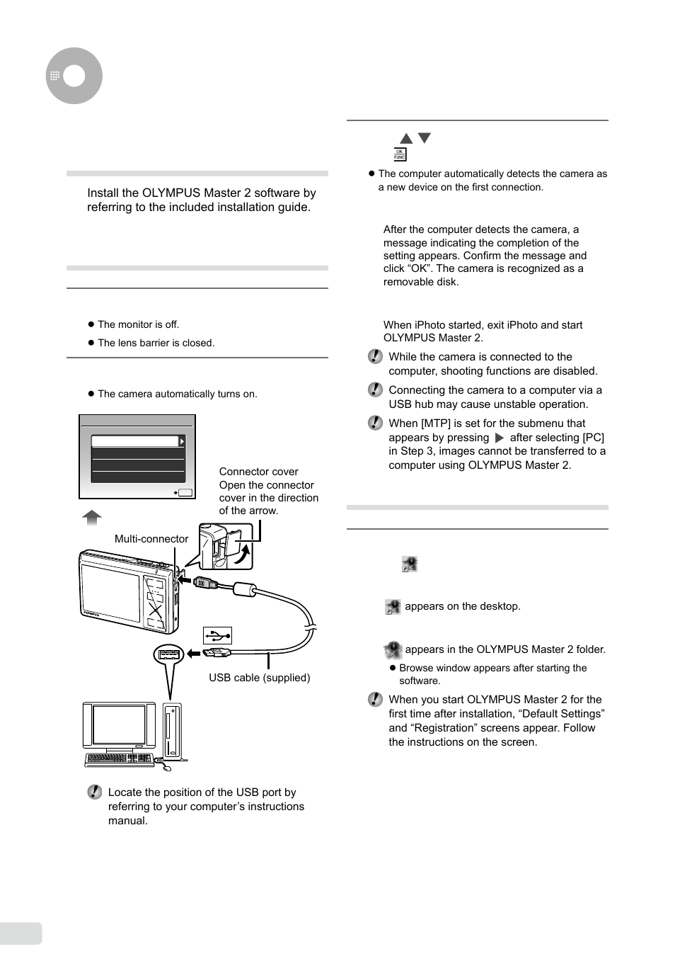 Using olympus master 2, Connecting the camera to a computer, Starting olympus master 2 | Olympus µ 1040 User Manual | Page 42 / 63