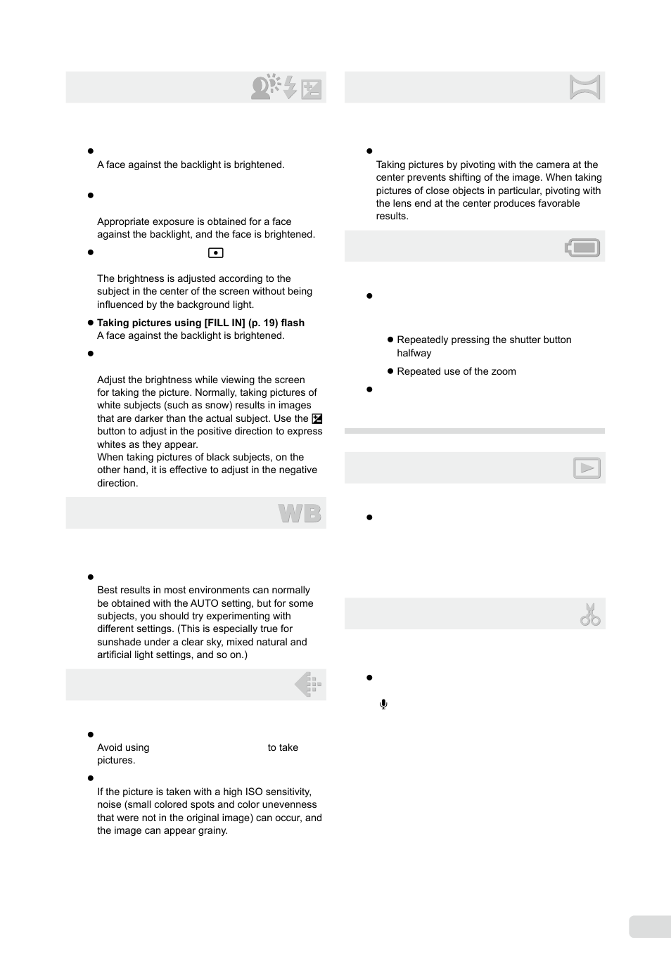 Exposure (brightness), Color hue, Image quality | Panorama, Batteries, Playback/editing tips, Playback, Editing | Olympus µ 1040 User Manual | Page 47 / 63