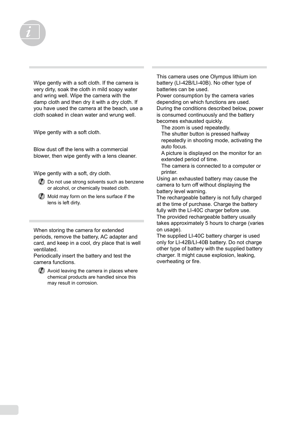 Appendix, Camera care, Storage | Battery and charger | Olympus µ 1040 User Manual | Page 48 / 63