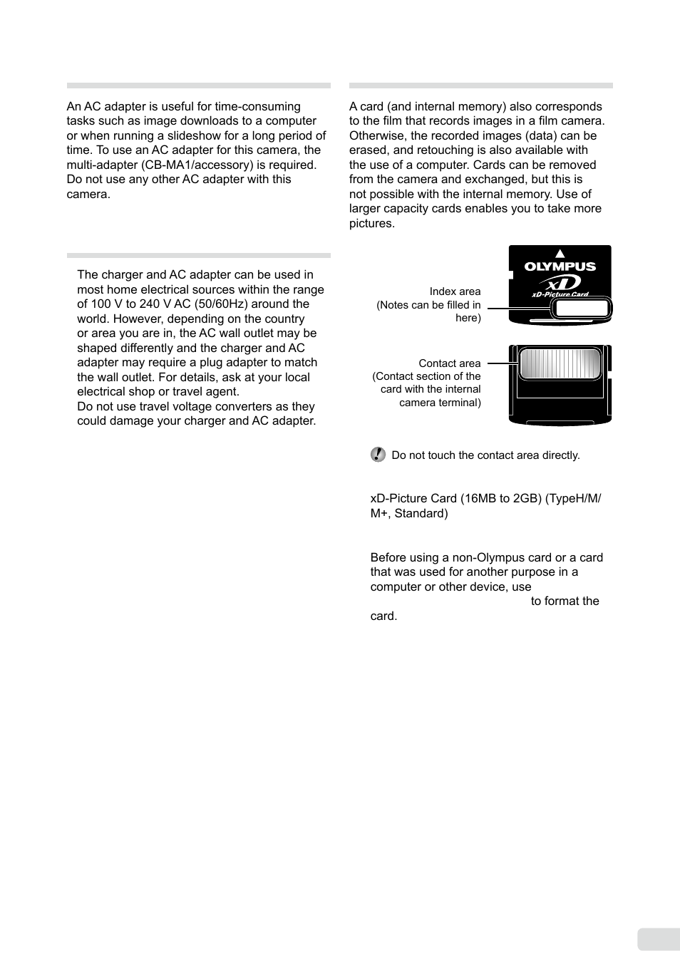 Using an ac adapter, Using your charger and ac adapter abroad, Using an xd-picture card | En using an ac adapter | Olympus µ 1040 User Manual | Page 49 / 63