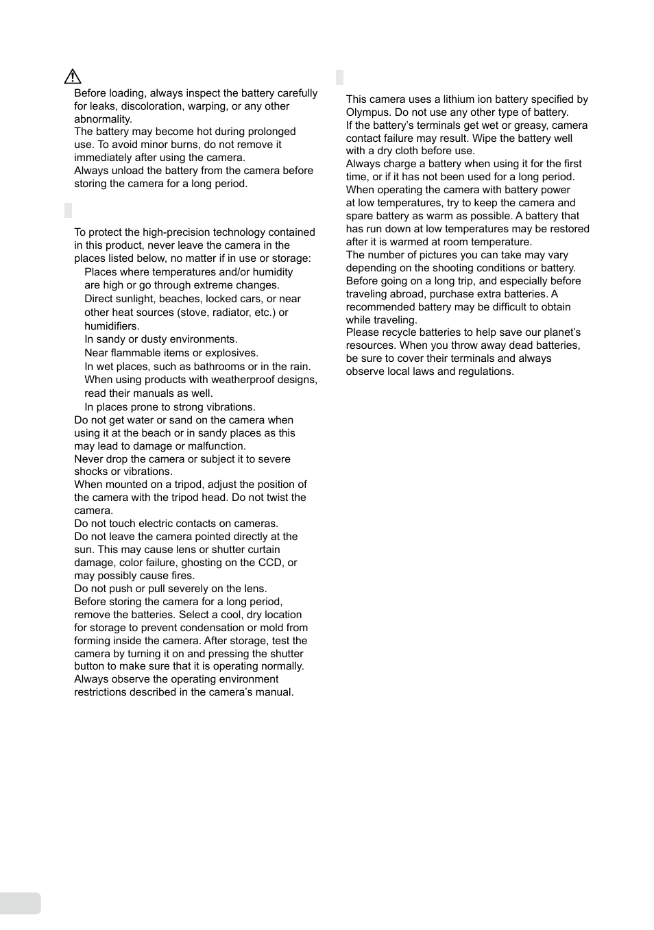 Caution for usage environment, Battery handling precautions | Olympus µ 1040 User Manual | Page 54 / 63