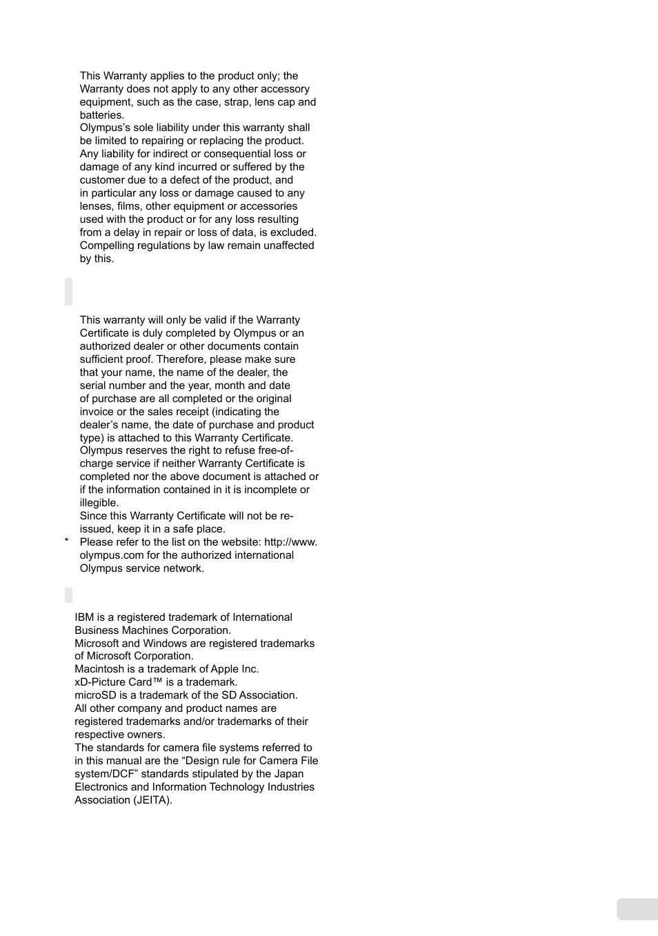 Notes regarding warranty maintenance, Trademarks | Olympus µ 1040 User Manual | Page 57 / 63