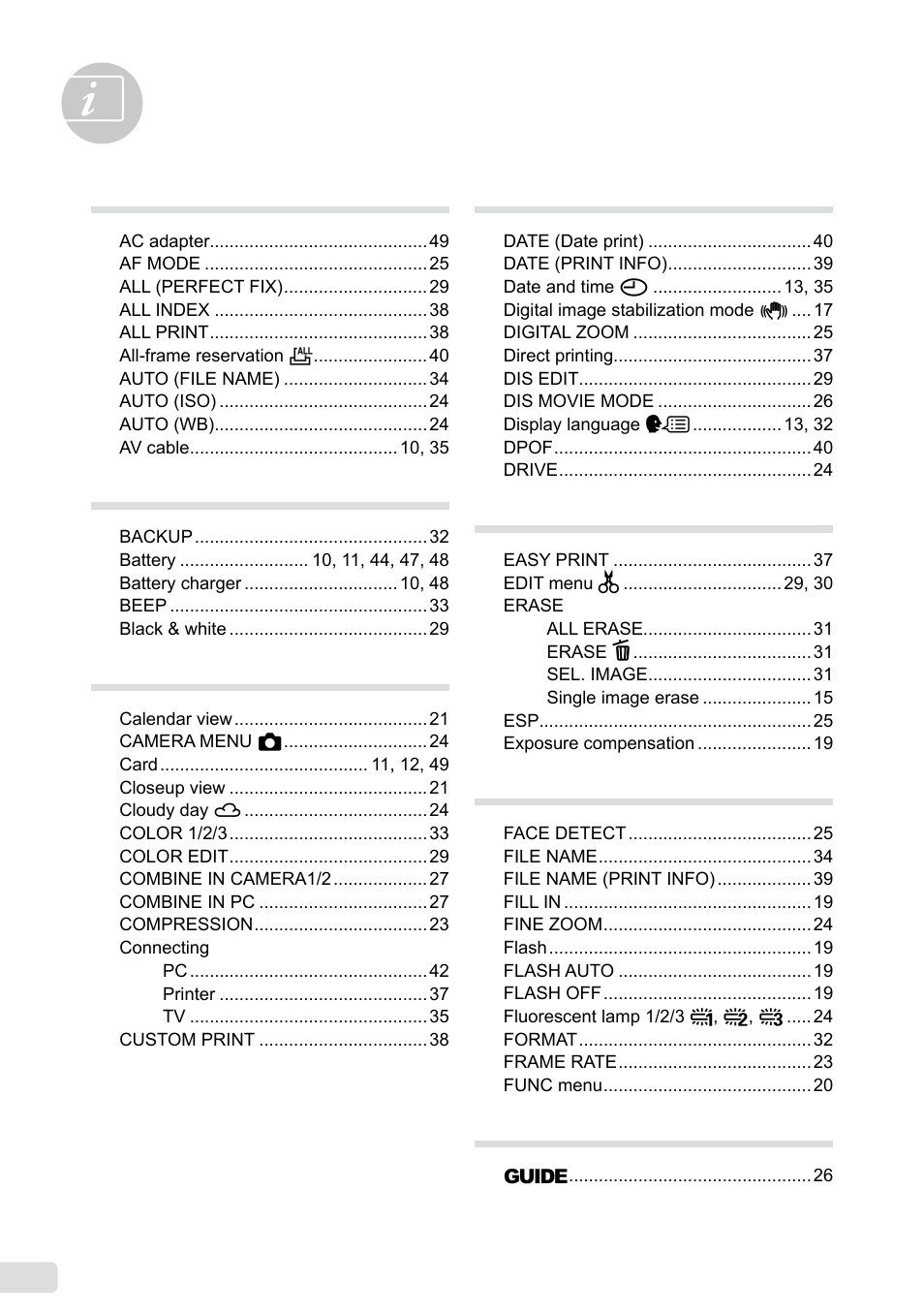 Index | Olympus µ 1040 User Manual | Page 60 / 63
