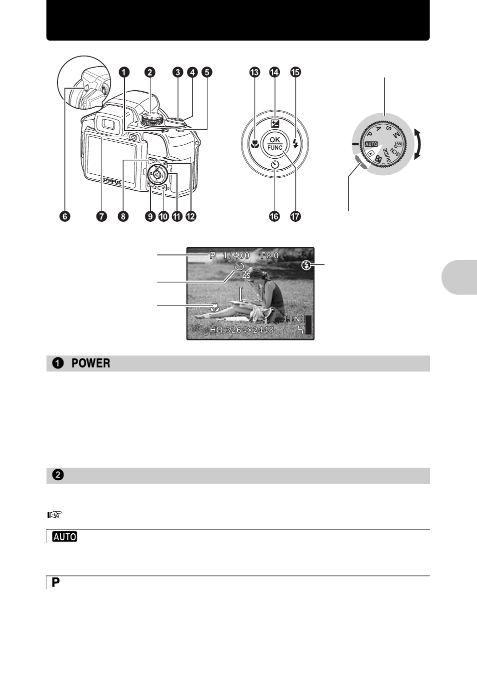 Button operations, Turning the camera on and off, Switching between shooting and playback modes | Shooting pictures with full automatic settings, Set the optimum aperture value and shutter speed, P.11, But to n operat ions, 1o button, 2 mode dial | Olympus SP-560 UZ User Manual | Page 11 / 96
