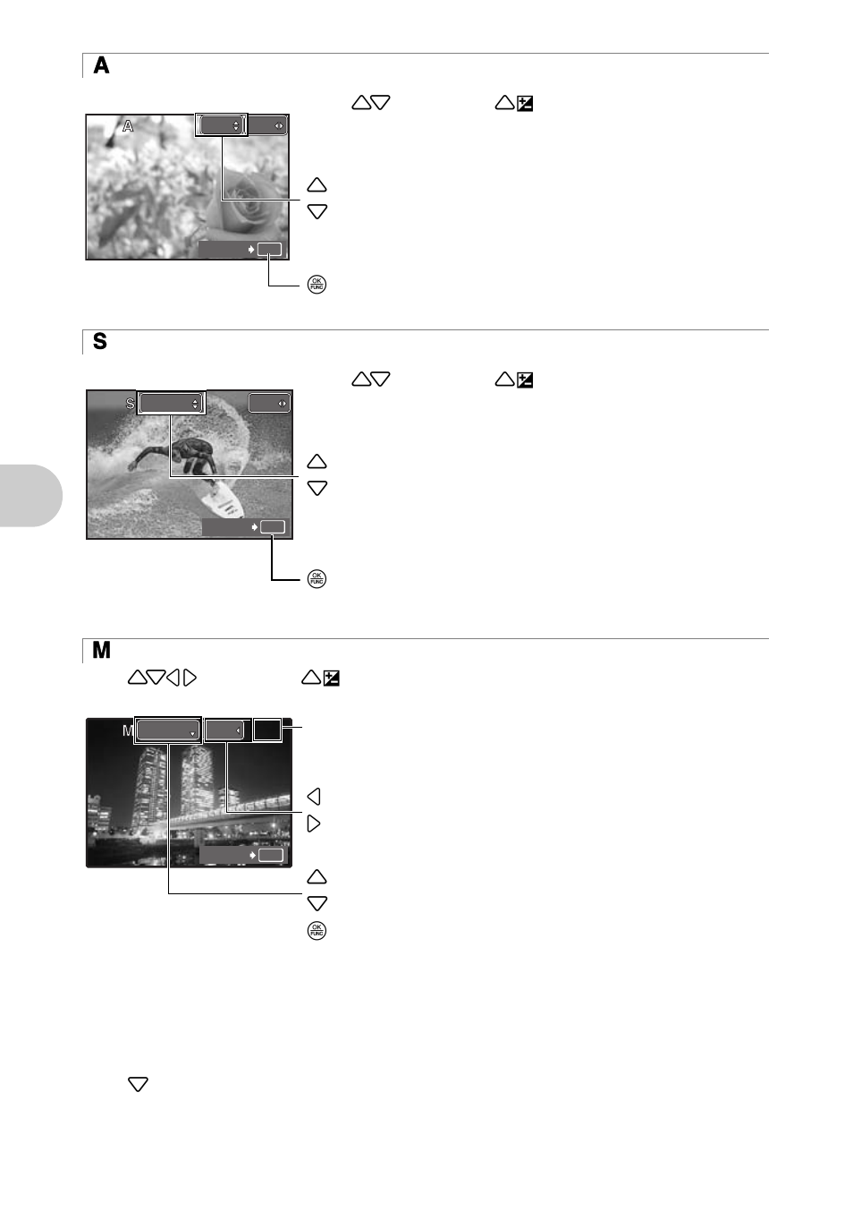 Changing the aperture value for shooting pictures, Changing the shutter speed for shooting pictures, Bu tt on ope ra ti ons | Olympus SP-560 UZ User Manual | Page 12 / 96
