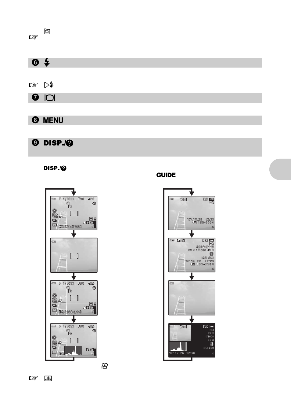 Flash pop-up, Monitor/viewfinder, Menu button | But to n operat ions, 6# button, 7u button, 8m button (menu) 9 disp./e button | Olympus SP-560 UZ User Manual | Page 17 / 96