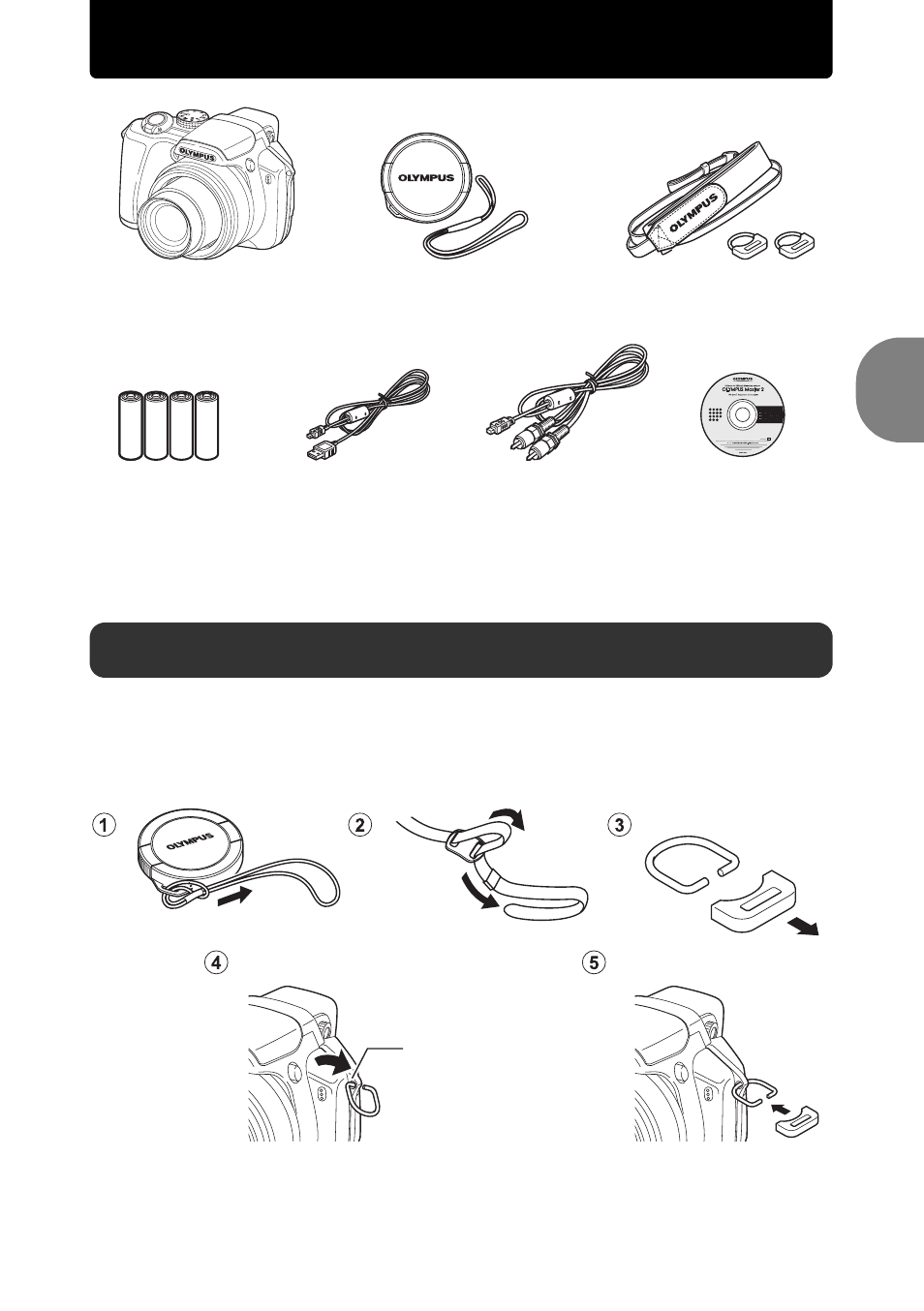 Gather these items (box contents), Attach the strap and the lens cap, Quick start guide | Olympus SP-560 UZ User Manual | Page 3 / 96