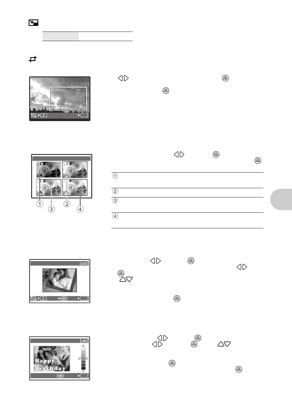 Changing the size of pictures, Cropping a part of pictures, Changing the color of a picture | Add a frame to your picture, Add a label to your picture, Menu op erat ion s | Olympus SP-560 UZ User Manual | Page 37 / 96