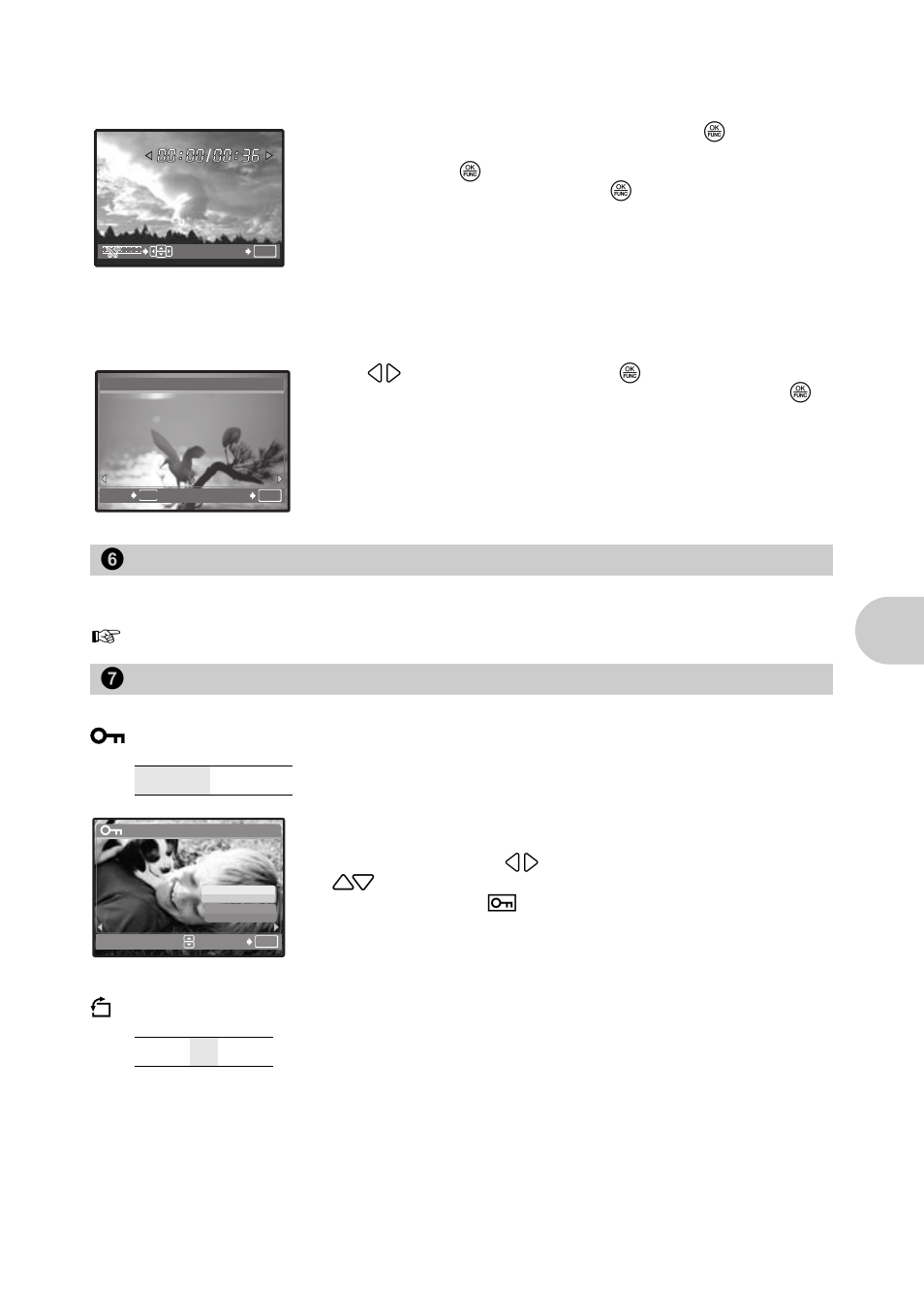 Extracting a part of the movie, Capturing a still image from the movie, Making print reservations (dpof) | Playback menu, Protecting pictures, Rotating pictures, Menu op erat ion s, 6 print order, 7 playback menu | Olympus SP-560 UZ User Manual | Page 39 / 96