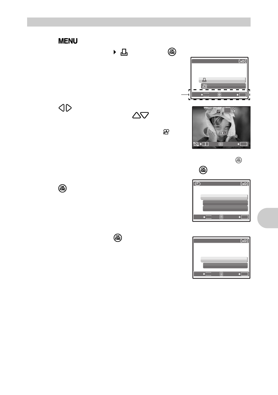 Single-frame reservation, Print ing pi ctu re s, Select [print order]  [ < ], and press o | When you finish making print reservations, press o | Olympus SP-560 UZ User Manual | Page 53 / 96