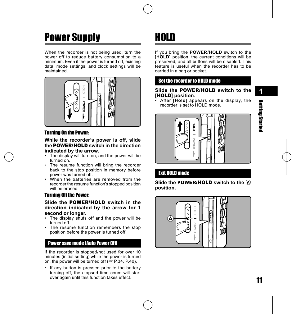 Power supply, Hold | Olympus LS-10 User Manual | Page 11 / 70