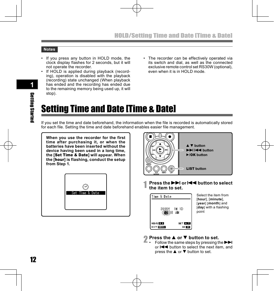 Setting time and date [time & date, Hold/setting time and date [time & date | Olympus LS-10 User Manual | Page 12 / 70