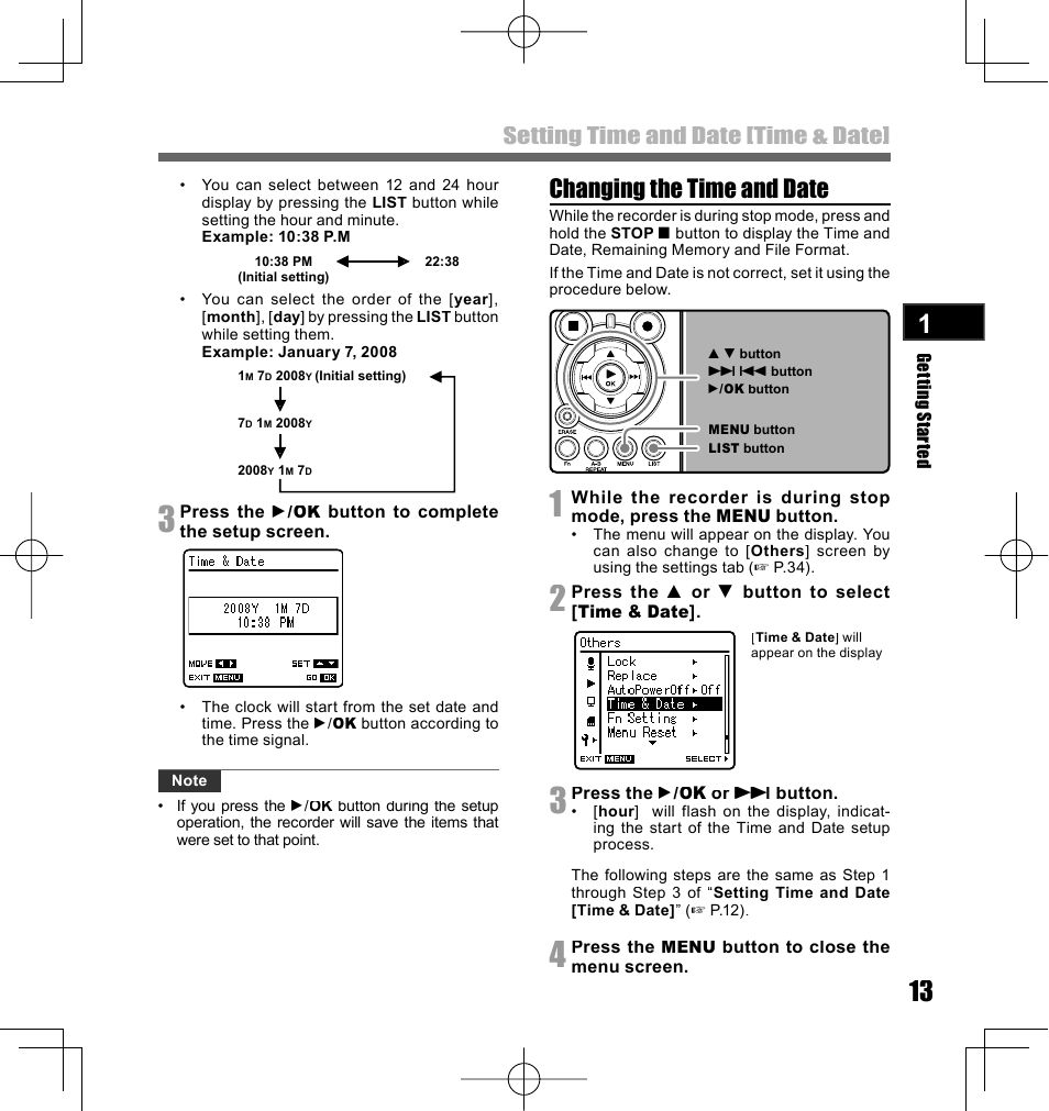 Changing the time and date, Setting time and date [time & date | Olympus LS-10 User Manual | Page 13 / 70
