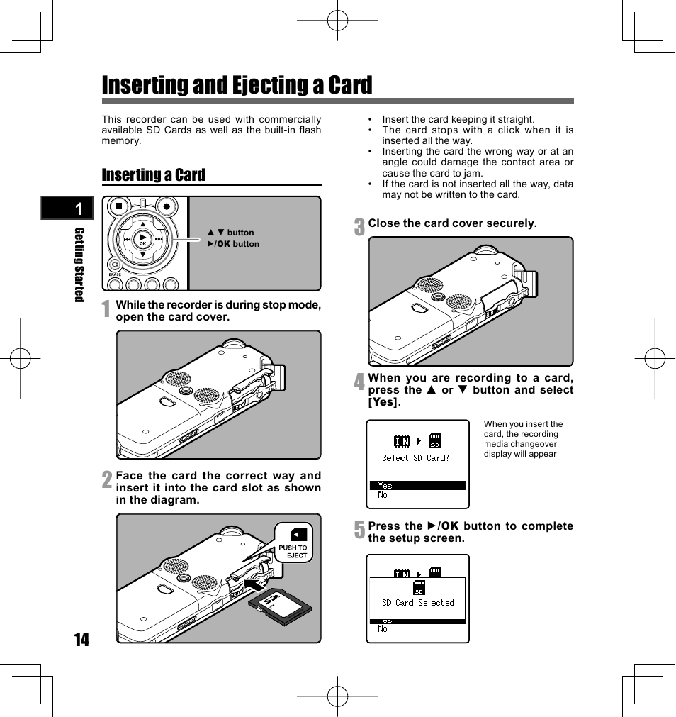 Inserting and ejecting a card, Inserting a card | Olympus LS-10 User Manual | Page 14 / 70