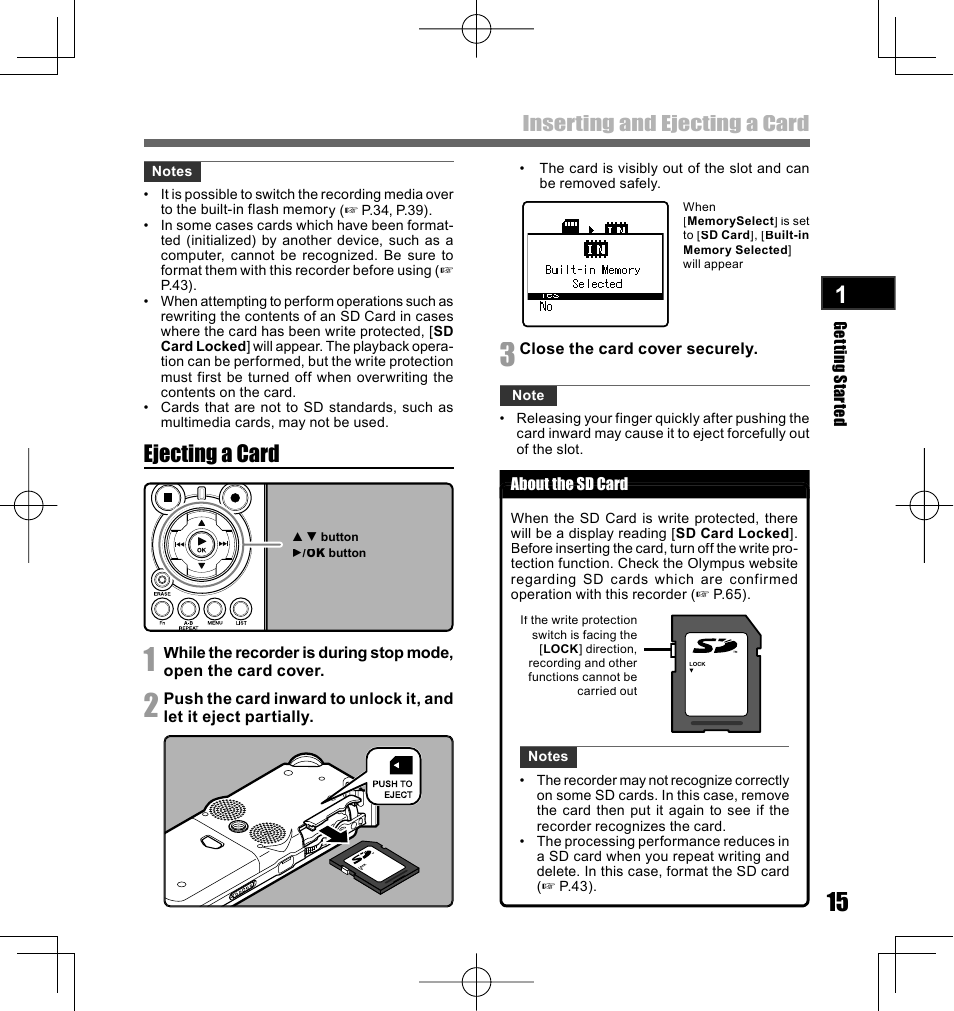 Ejecting a card, Inserting and ejecting a card | Olympus LS-10 User Manual | Page 15 / 70