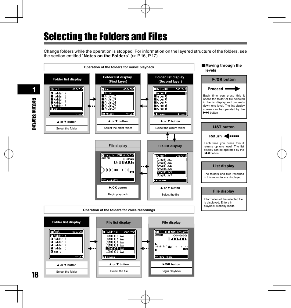 Selecting the folders and files, Get ti ng s ta rte d | Olympus LS-10 User Manual | Page 18 / 70