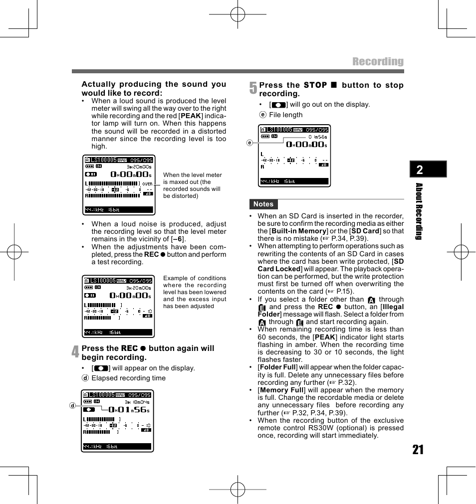 Recording | Olympus LS-10 User Manual | Page 21 / 70