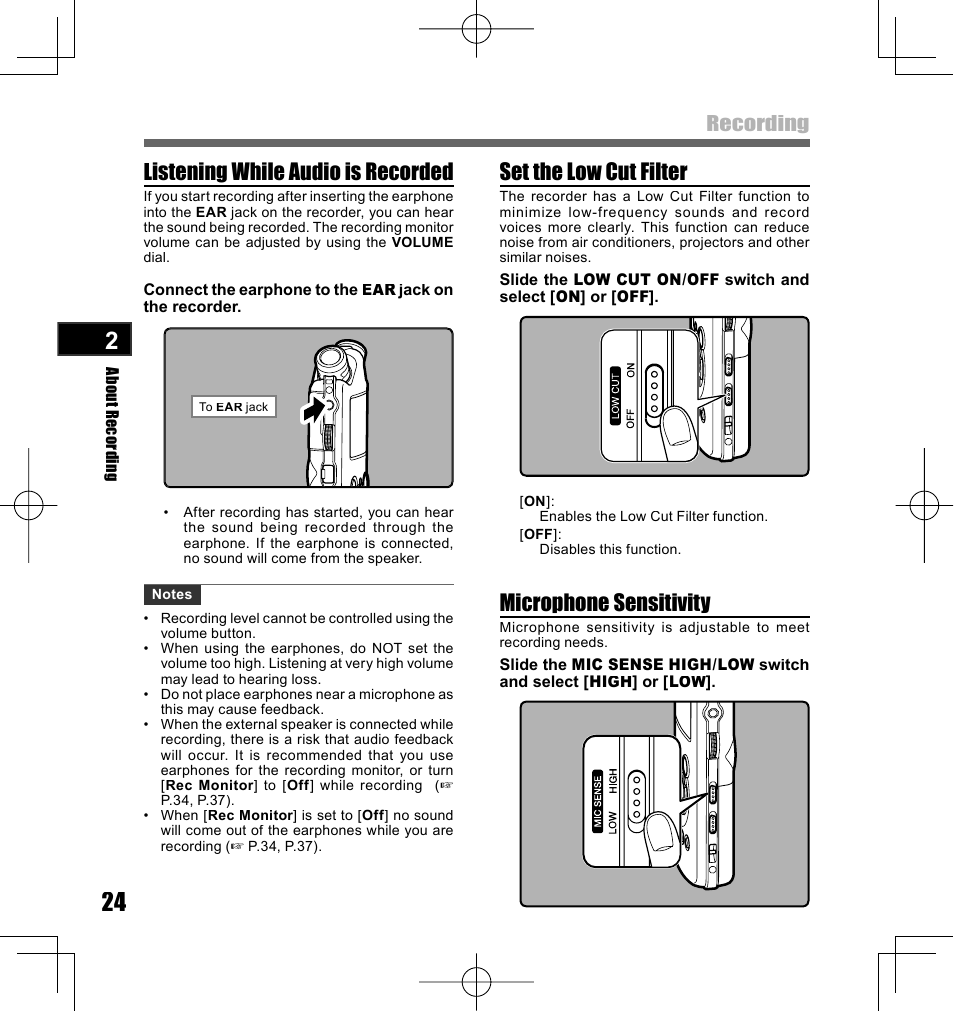 Set the low cut filter, Listening while audio is recorded, Microphone sensitivity | Recording | Olympus LS-10 User Manual | Page 24 / 70
