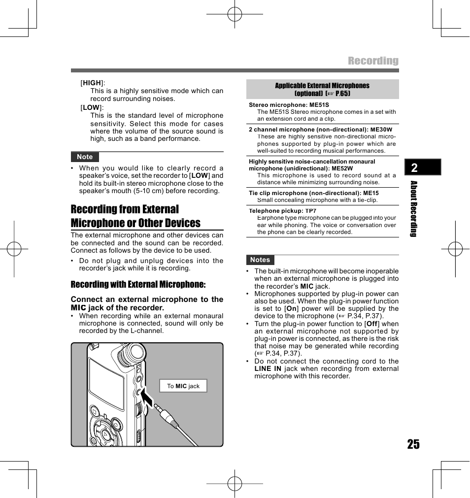 Recording, Recording with external microphone | Olympus LS-10 User Manual | Page 25 / 70