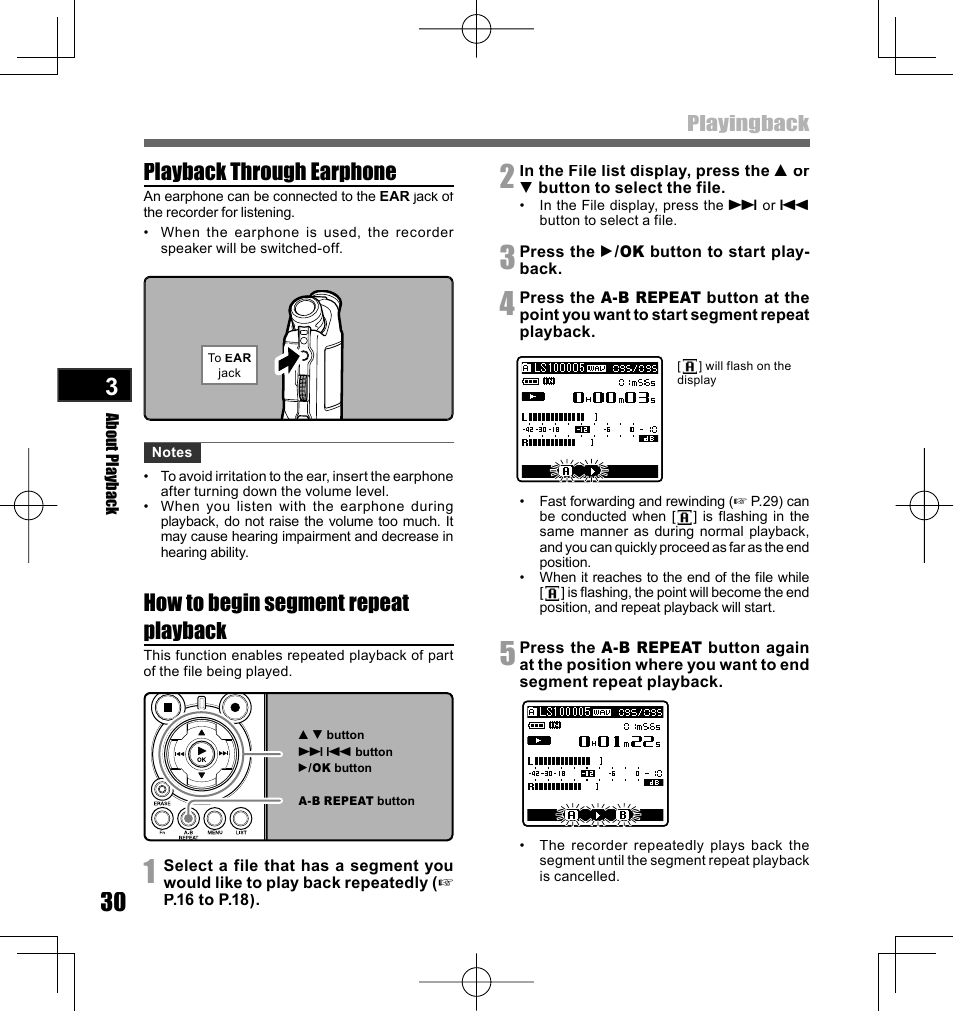 Playback through earphone, How to begin segment repeat playback, Playingback | Olympus LS-10 User Manual | Page 30 / 70