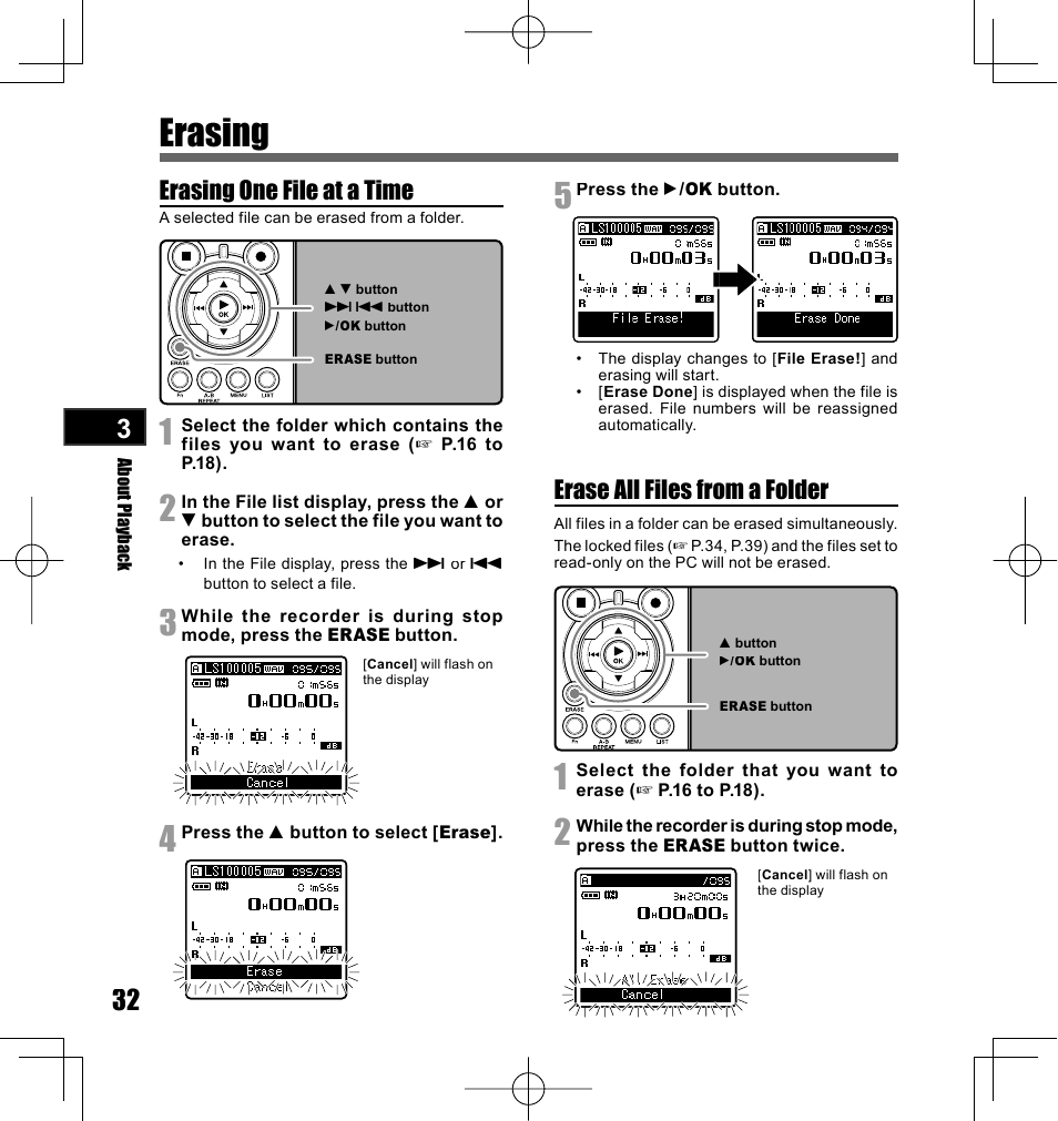 Erasing, Erasing one file at a time, Erase all files from a folder | Olympus LS-10 User Manual | Page 32 / 70