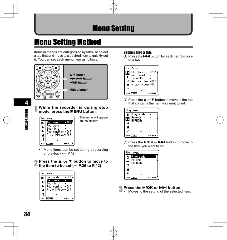 Menu setting method, Menu setting | Olympus LS-10 User Manual | Page 34 / 70