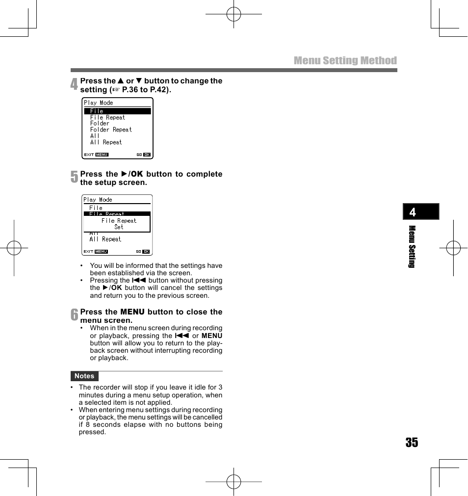 Menu setting method | Olympus LS-10 User Manual | Page 35 / 70