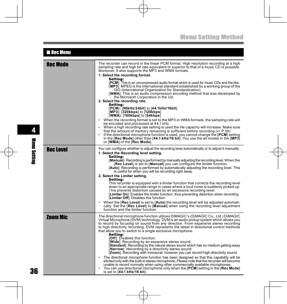 Menu setting method, Rec mode, Rec level | Zoom mic | Olympus LS-10 User Manual | Page 36 / 70