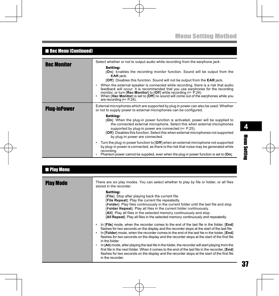 Menu setting method, Rec monitor, Plug-inpower | Play mode | Olympus LS-10 User Manual | Page 37 / 70