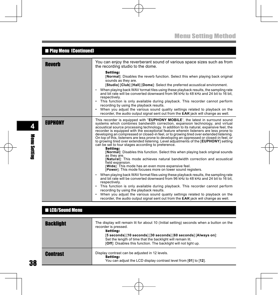 Menu setting method, Reverb, Euphony | Backlight, Contrast | Olympus LS-10 User Manual | Page 38 / 70