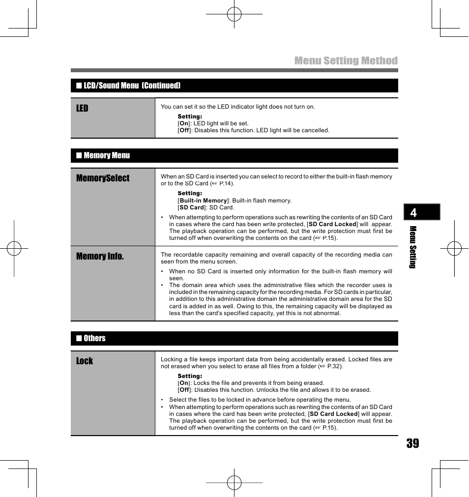 Menu setting method, Lock | Olympus LS-10 User Manual | Page 39 / 70