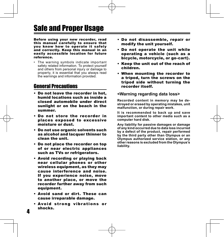 Safe and proper usage, General precautions | Olympus LS-10 User Manual | Page 4 / 70
