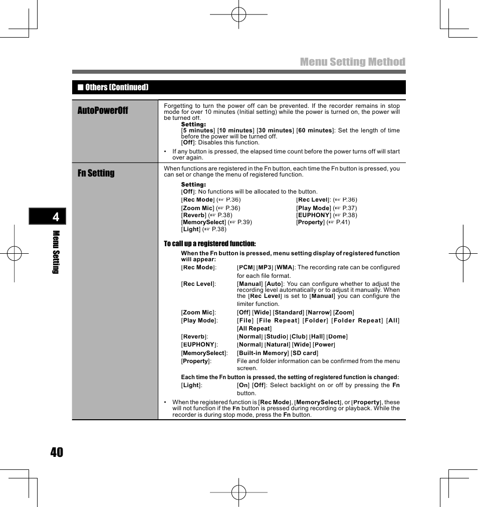 Menu setting method, Autopoweroff, Fn setting | Olympus LS-10 User Manual | Page 40 / 70