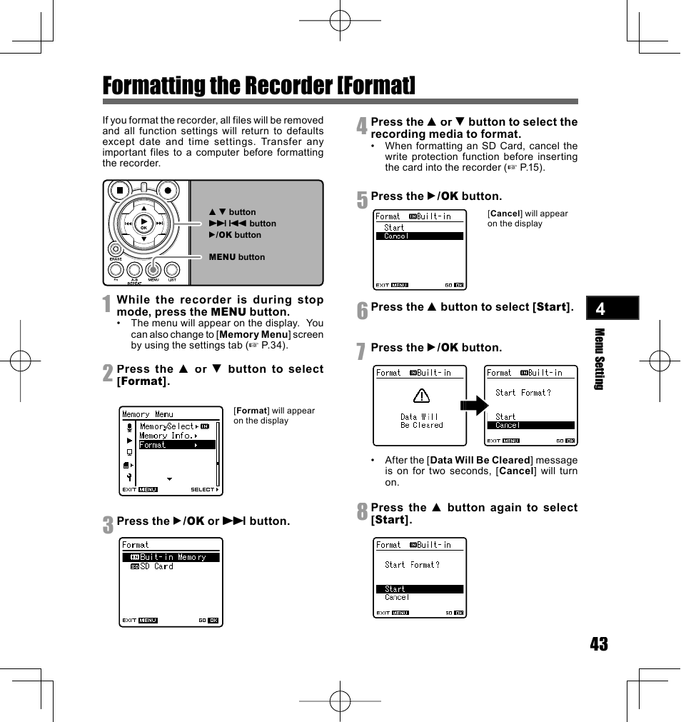 Formatting the recorder [format | Olympus LS-10 User Manual | Page 43 / 70