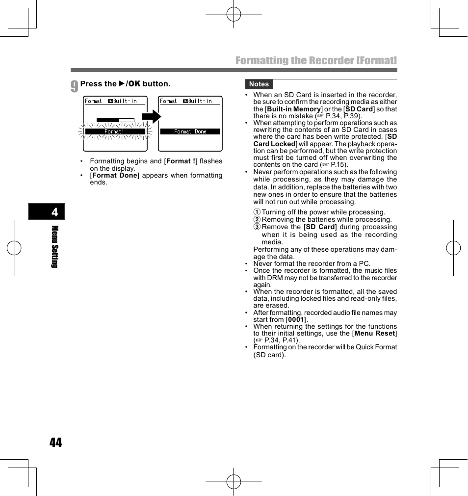 Formatting the recorder [format | Olympus LS-10 User Manual | Page 44 / 70