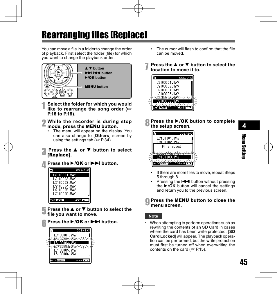 Rearranging files [replace | Olympus LS-10 User Manual | Page 45 / 70