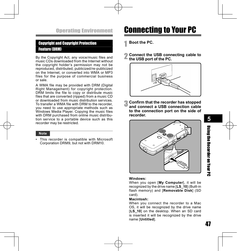 Connecting to your pc | Olympus LS-10 User Manual | Page 47 / 70
