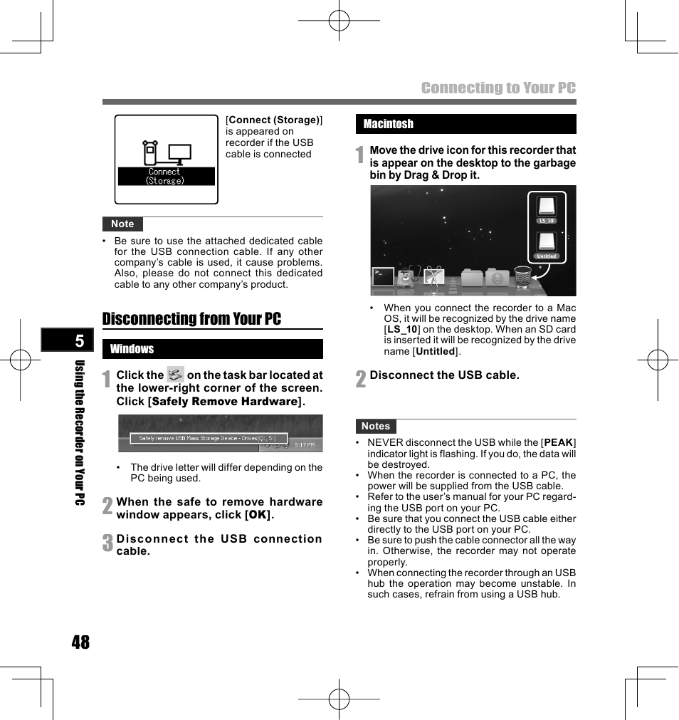 Disconnecting from your pc, Connecting to your pc | Olympus LS-10 User Manual | Page 48 / 70