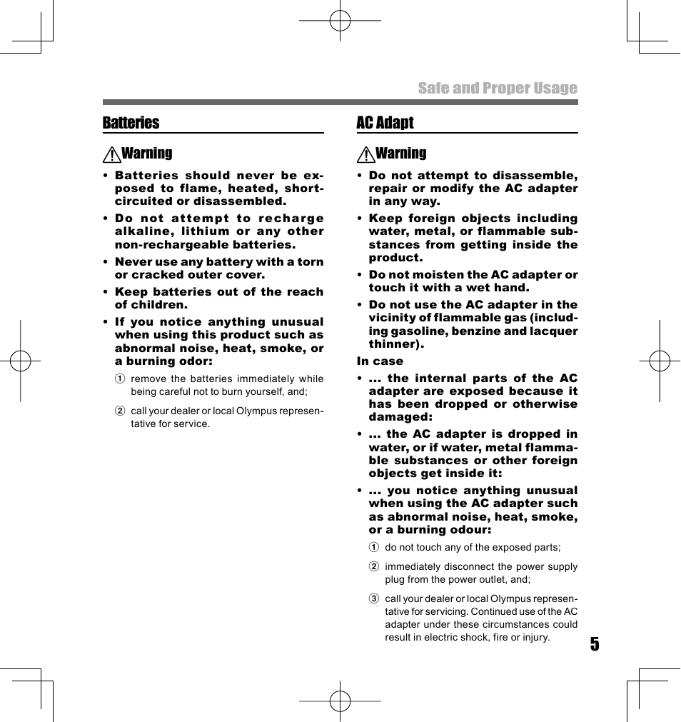 Batteries, Ac adapt, Safe and proper usage | Warning | Olympus LS-10 User Manual | Page 5 / 70