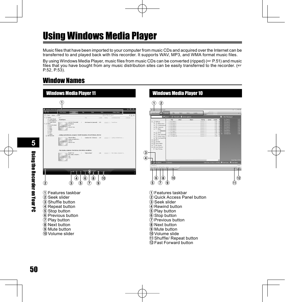 Using windows media player, Window names | Olympus LS-10 User Manual | Page 50 / 70