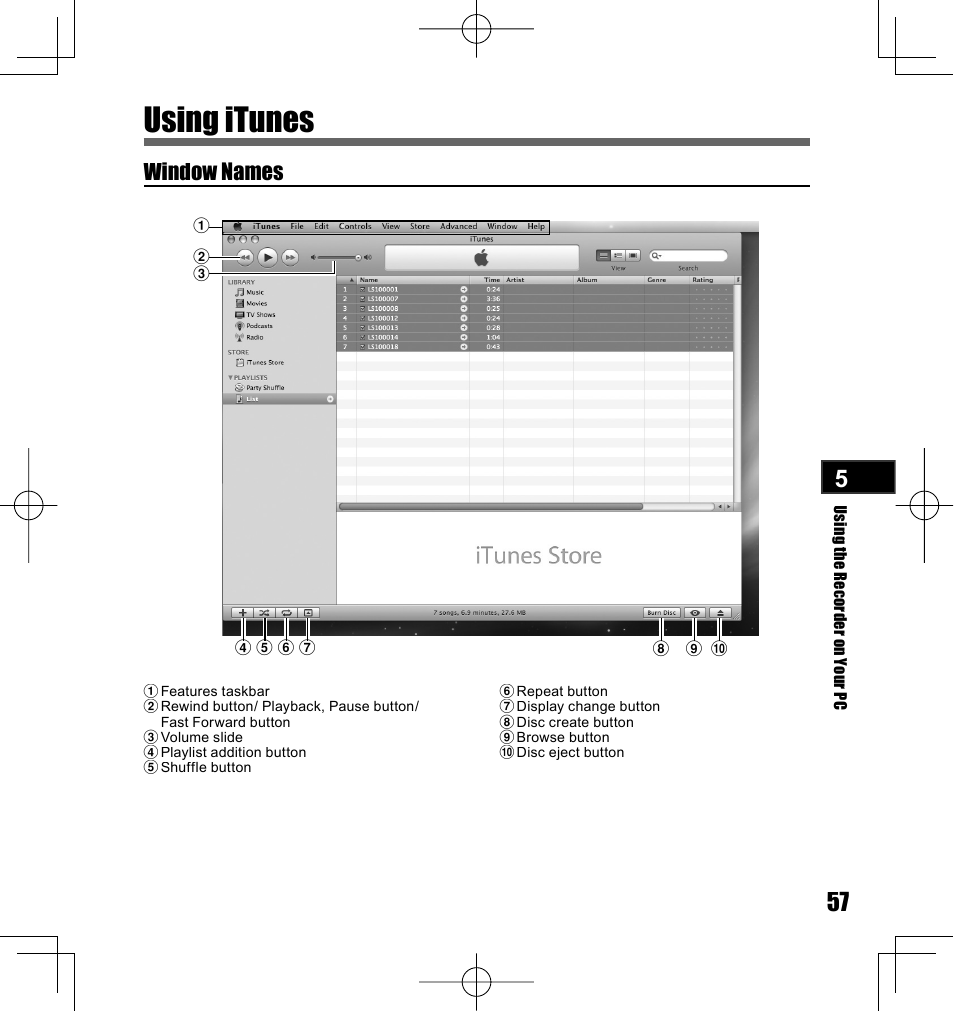 Using itunes, Window names | Olympus LS-10 User Manual | Page 57 / 70