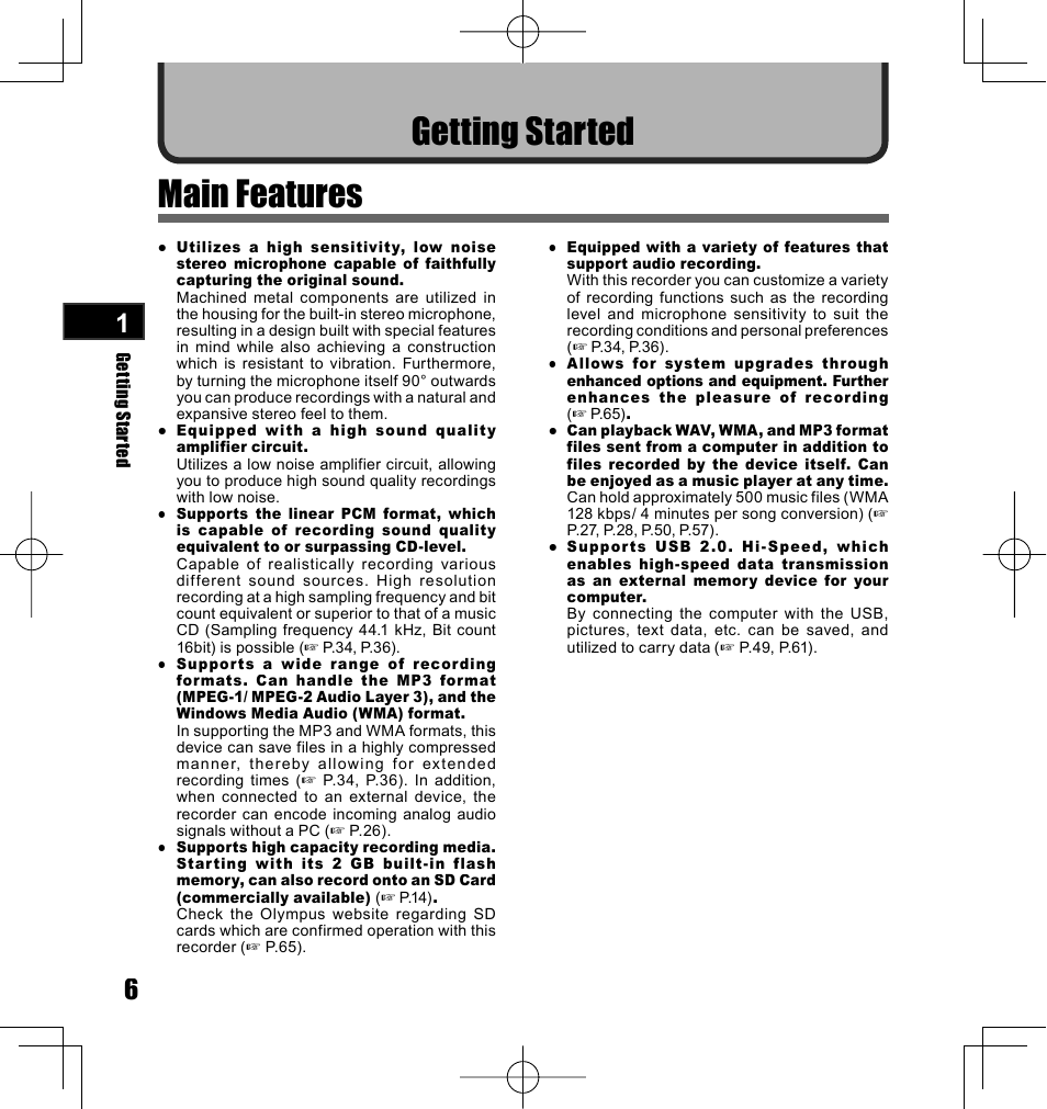 Main features, Getting started | Olympus LS-10 User Manual | Page 6 / 70