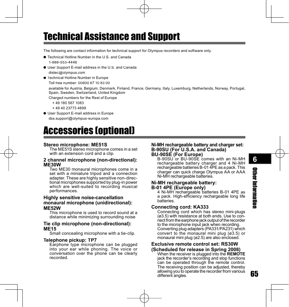 Accessories (optional), Technical assistance and support | Olympus LS-10 User Manual | Page 65 / 70