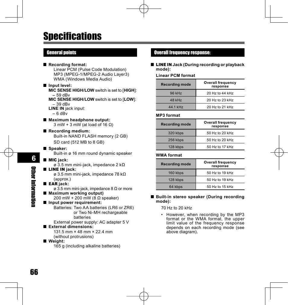 Specifications, Other informatio n | Olympus LS-10 User Manual | Page 66 / 70