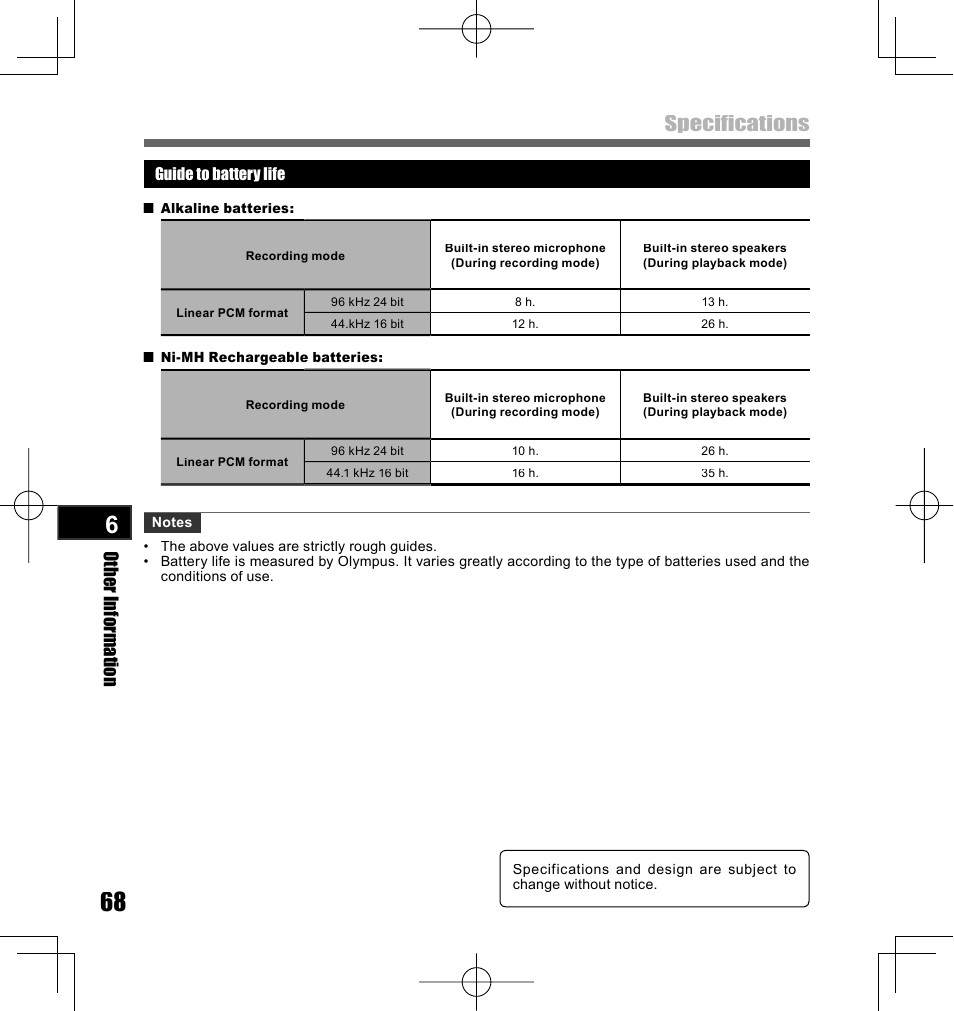 Specifications, Other informatio n | Olympus LS-10 User Manual | Page 68 / 70