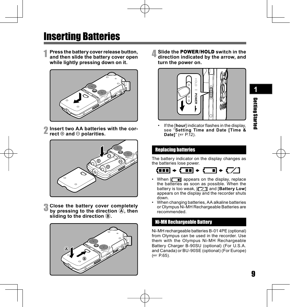 Inserting batteries | Olympus LS-10 User Manual | Page 9 / 70